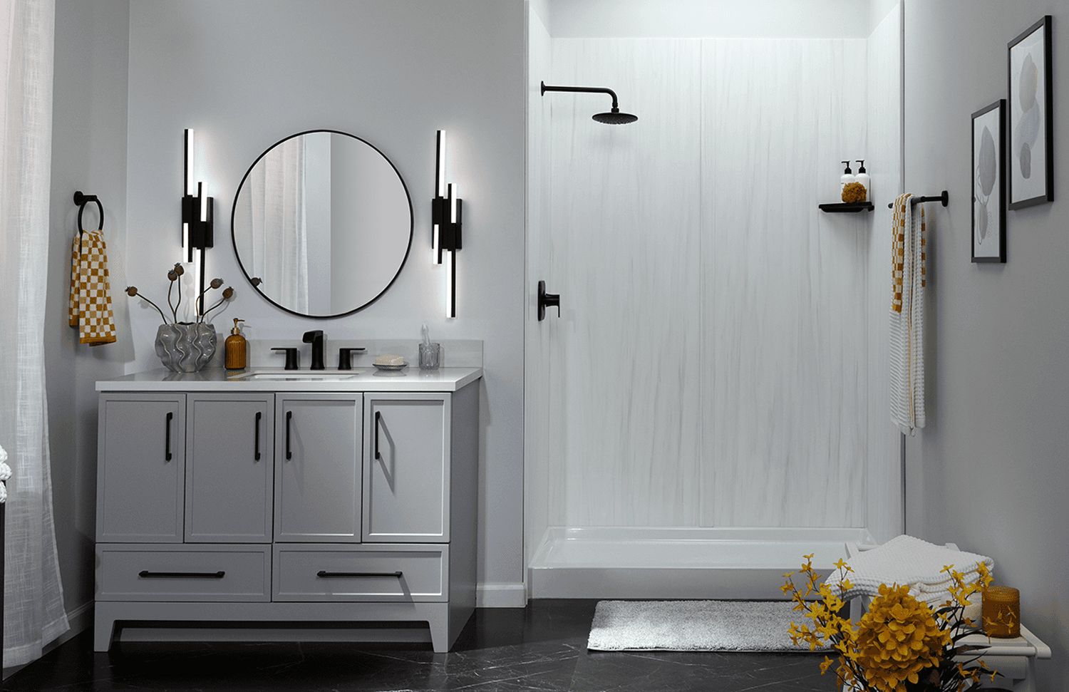Modern gray vanity and walk-in shower remodel