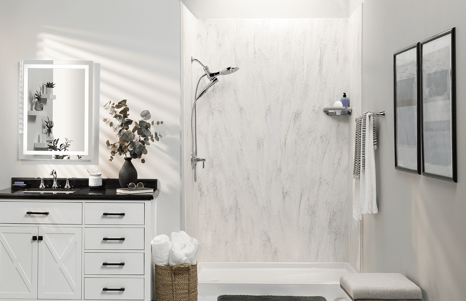 Bright white walk-in shower and vanity remodel