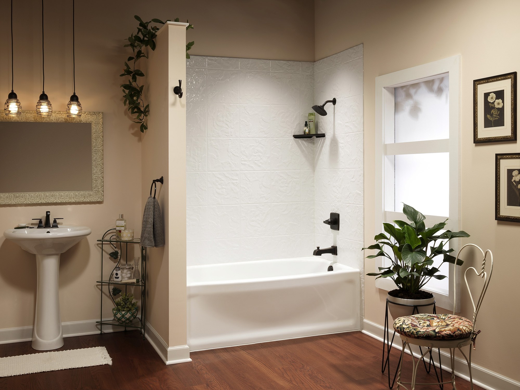 A replacement bathtub with a one-piece solid-surface wall surround and black fixtures, shown for illustration