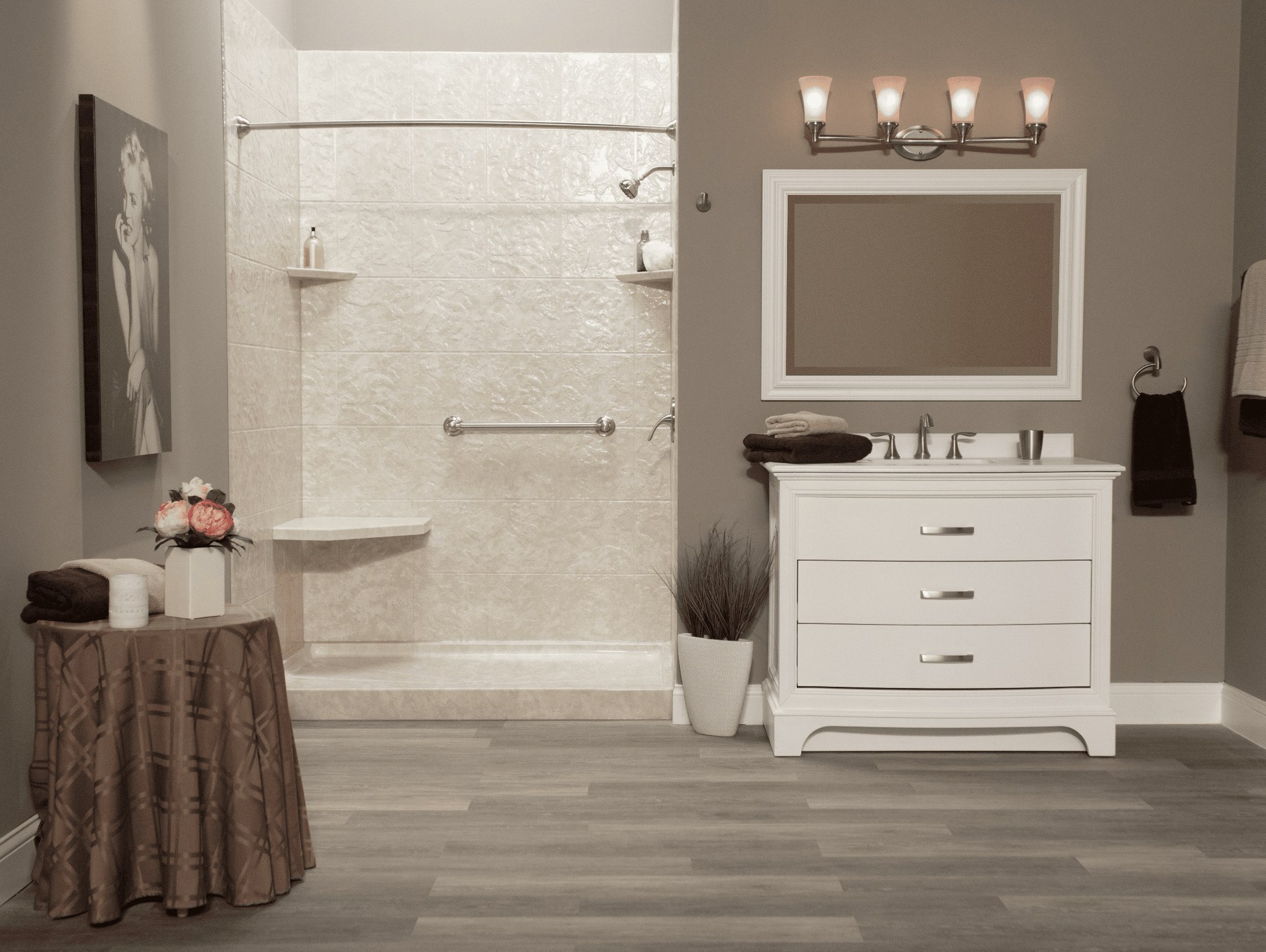 A walk-in shower with a low-threshold base, grab bar and bench seating installed where a bathtub used to be, shown for illustration